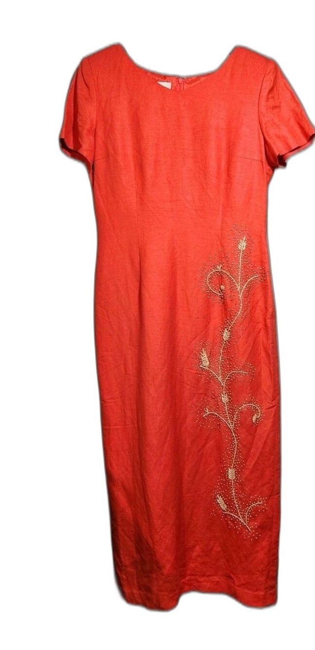 D. Morgan Orange Linen Maxi Dress Beaded Womens 10 Floral Short Sleeve Vibrant